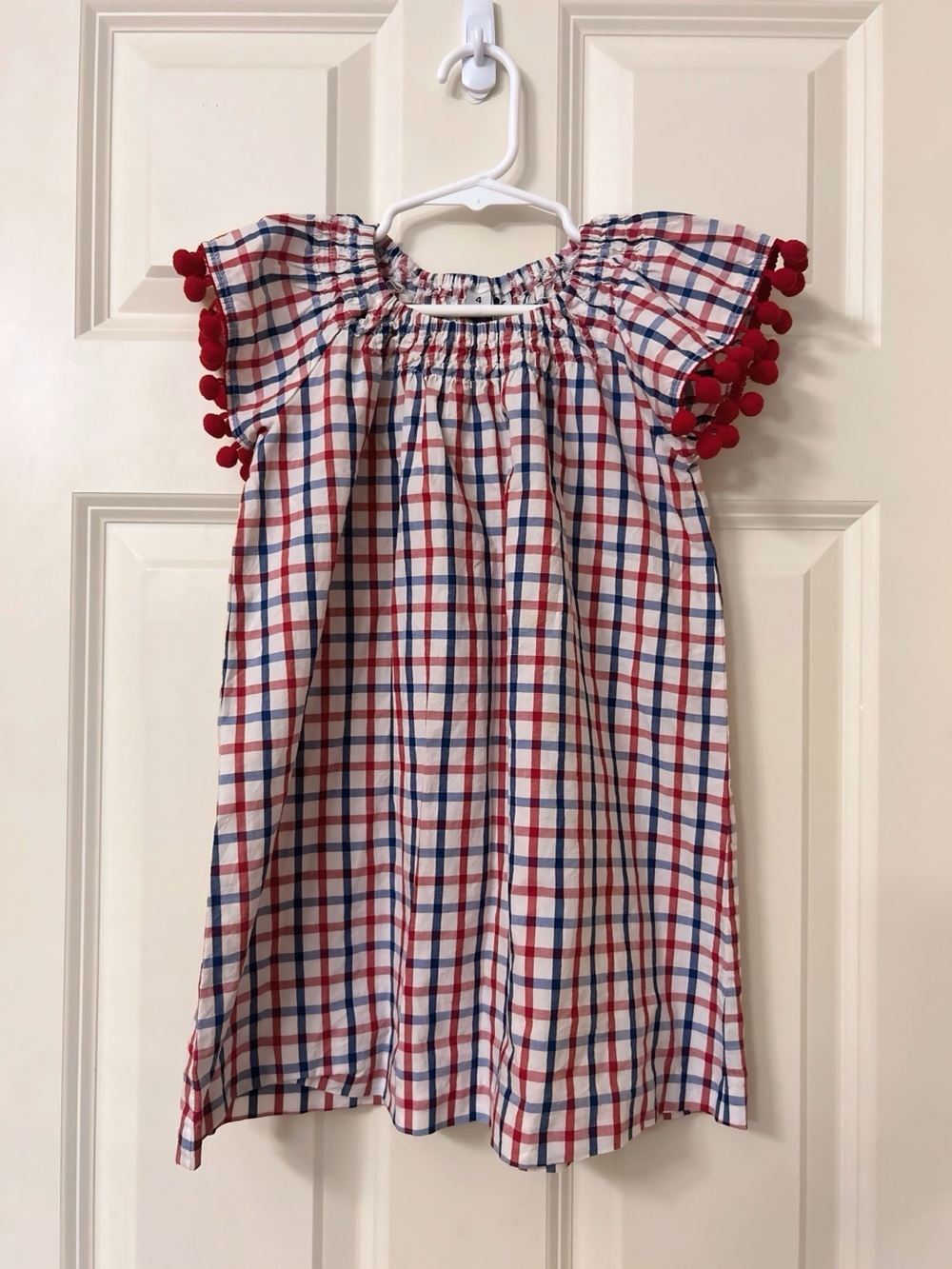 Girls Busy Bees Gingham Dress with Pom Pom Flutter Sleeves Size 4